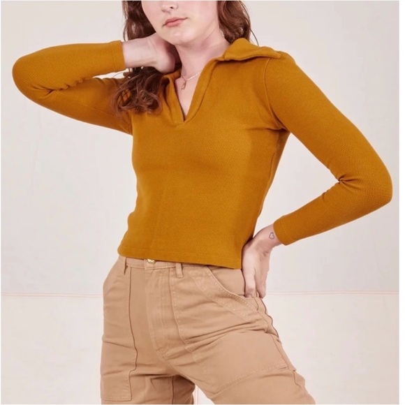 BIG BUD PRESS 70s Mustard Long Sleeve Cotton Collared Thermal Fisherman Polo XXS - Picture 3 of 13